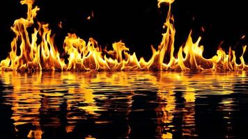 A group of fire flames reflected in the water video