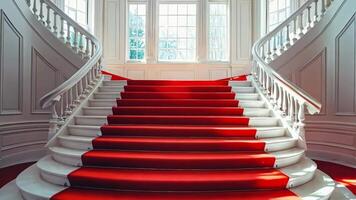 A red carpeted staircase in a white room with a red carpet video