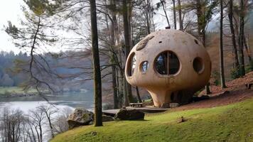 A tree house in the middle of a forest next to a lake video