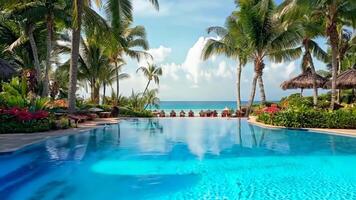 A large swimming pool surrounded by palm trees and umbrellas video