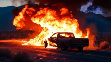 A truck is engulfed by flames on the side of the road video