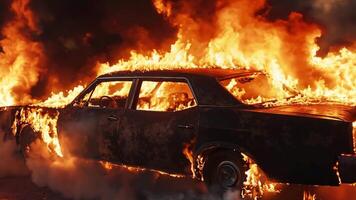 A burnt out car is engulfed by flames on the road video