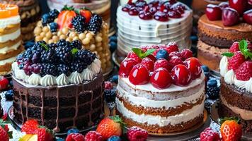 A variety of cakes with different toppings on a table video