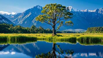 A lone tree in the middle of a lake with mountains in the background video