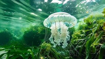 A large white jellyfish floating in the ocean surrounded by seaweed video