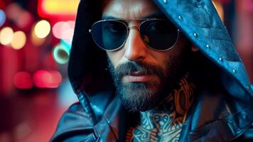 A man with a beard wearing a hooded jacket and sunglasses video