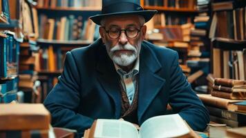 A man in a hat and glasses sitting at a table in front of a book shelf video