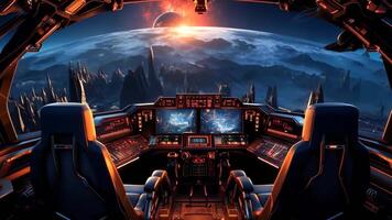 A view of the cockpit of a spaceship with a view of a planet in the background video