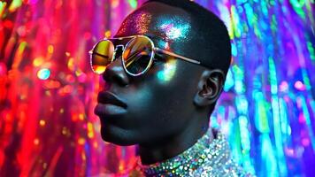 A man wearing a silver jacket and sunglasses in front of a colorful background video