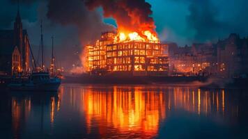 A large building on fire in the middle of a body of water video