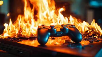 A game controller sitting on top of a laptop computer on fire video