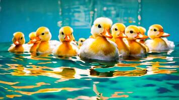 A group of ducklings swimming in a pool of water video