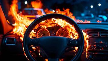 A car is engulfed by flames on the dashboard of a car video