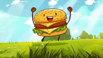 uma desenho animado Hamburger é corrida dentro uma gramíneo campo video