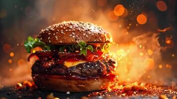 uma Hamburger com alface, tomate, queijo e bacon em uma pão video
