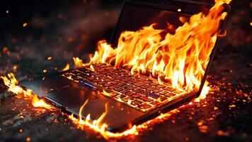 A laptop computer on fire on the ground video