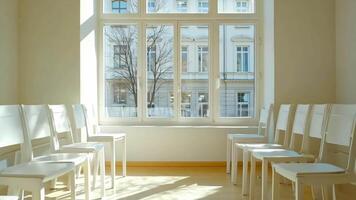 A row of white chairs in front of a large window video