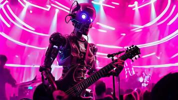 A robot playing a bass guitar in front of a crowd video