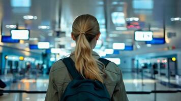 A woman with a backpack standing in an airport terminal video