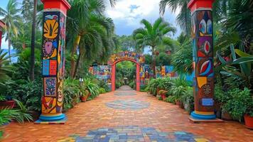 A colorful walkway in the middle of a tropical garden with palm trees video