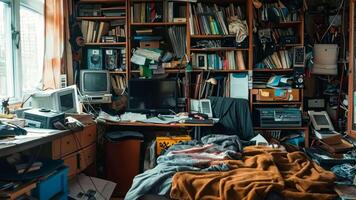 A messy room with a bed, desk, bookshelf, computer, and other clutter video
