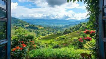 A view of a green field with flowers in pots on a balcony video