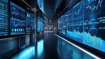 A long hallway with multiple screens displaying stock market data video
