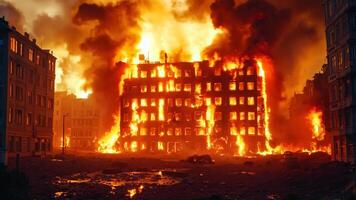 A large building is engulfed by flames in the middle of a city video