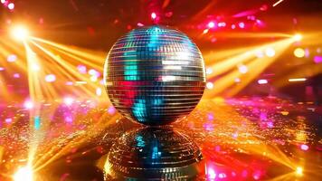 ein Disko Ball auf ein reflektierend Oberfläche mit bunt Beleuchtung video
