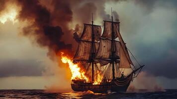 A tall ship on fire in the ocean with a cloudy sky in the background video