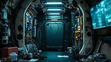 A view of the inside of a space station with a large screen video