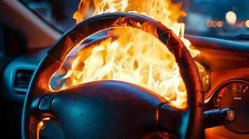 A car with a steering wheel on fire in the dashboard video