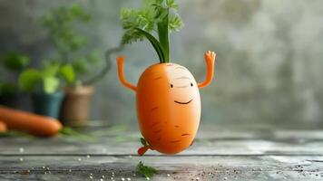 A cartoon carrot with a smiley face running on a wooden table video