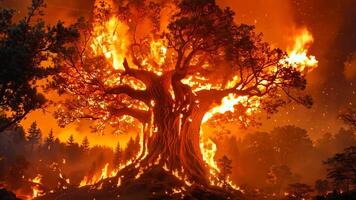 A large tree in the middle of a forest on fire video