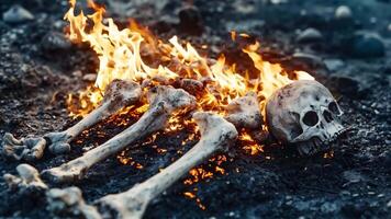 A skull and bones are burning in the middle of the ground video