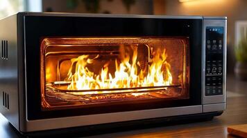 A microwave oven with a fire inside of it on a table video