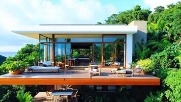 A modern house with a view of the ocean and trees video