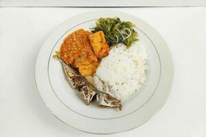 Rice mixed with fried fish and tempeh vegetables on a white plate, on the table photo
