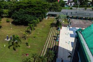 The mosque garden looks up from the roof during the day photo