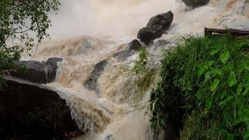 A strong current near a waterfall. Floods flowing in mountain rivers after heavy rains. Flash floods, the effects of global warming and the effects of deforestation. video