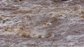 A strong current near a waterfall. Floods flowing in mountain rivers after heavy rains. Flash floods, the effects of global warming and the effects of deforestation. video