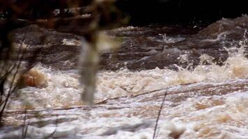 A strong current near a waterfall. Floods flowing in mountain rivers after heavy rains. Flash floods, the effects of global warming and the effects of deforestation. video