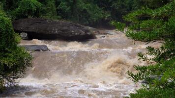 A strong current near a waterfall. Floods flowing in mountain rivers after heavy rains. Flash floods, the effects of global warming and the effects of deforestation. video