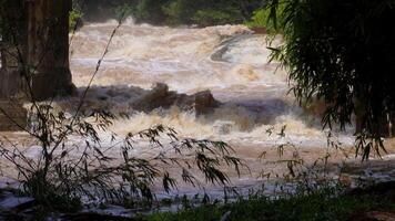 A strong current near a waterfall. Floods flowing in mountain rivers after heavy rains. Flash floods, the effects of global warming and the effects of deforestation. video