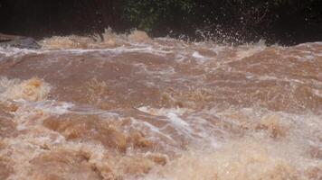 A strong current near a waterfall. Floods flowing in mountain rivers after heavy rains. Flash floods, the effects of global warming and the effects of deforestation. video