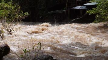 A strong current near a waterfall. Floods flowing in mountain rivers after heavy rains. Flash floods, the effects of global warming and the effects of deforestation. video