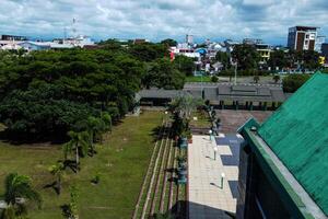 The mosque garden looks up from the roof during the day photo