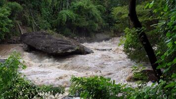 A strong current near a waterfall. Floods flowing in mountain rivers after heavy rains. Flash floods, the effects of global warming and the effects of deforestation. video