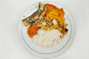 Rice mixed with fried fish and tempeh vegetables on a white plate, on the table photo