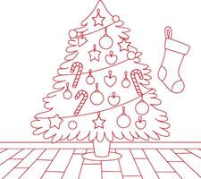 Red color christmas tree coloring page vector